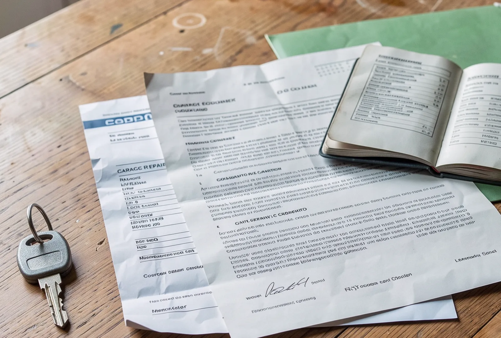 Car paperwork on a kitchen table: a finance agreement, a garage invoice, a service book and a car key.